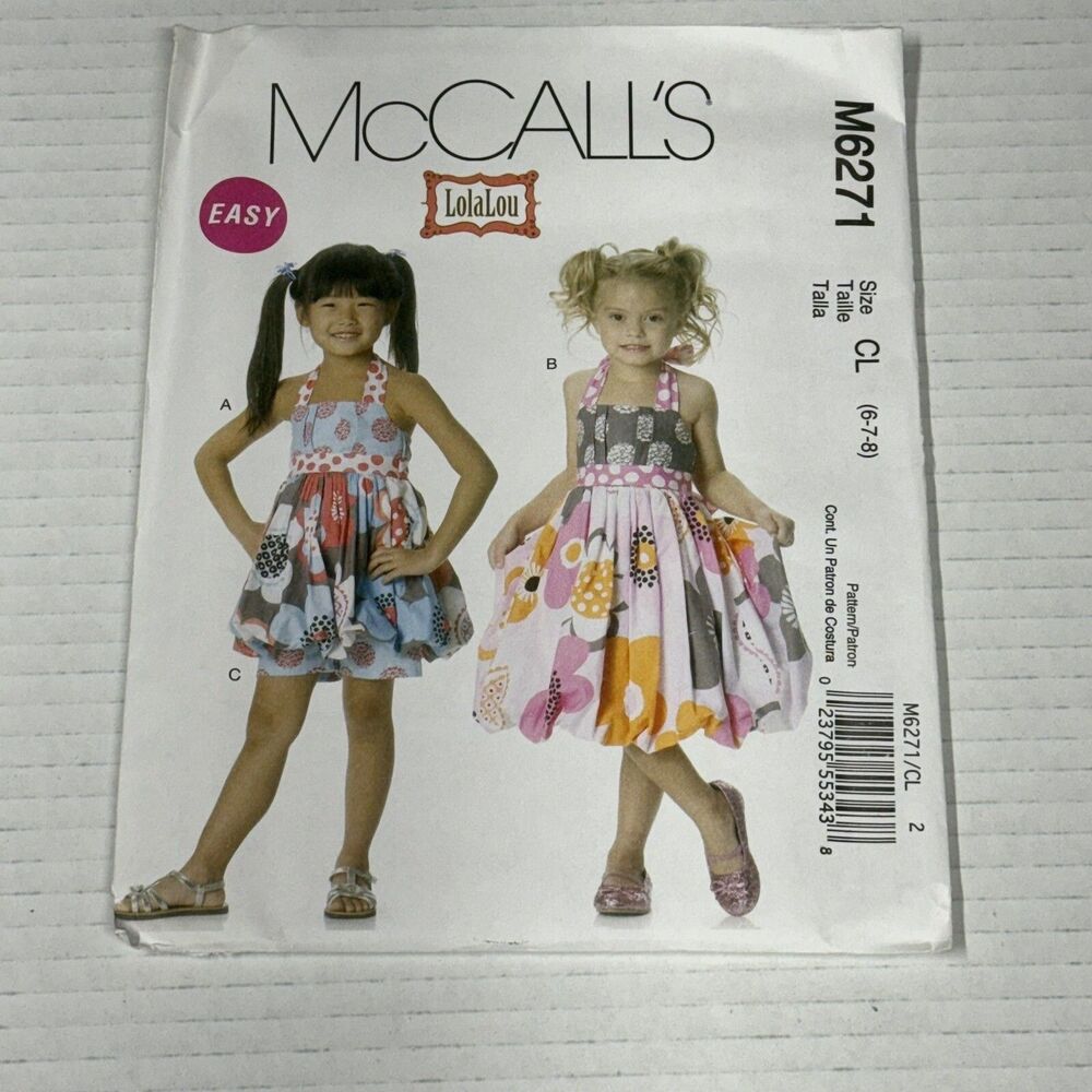 McCalls EASY Pattern 6271 Child/Girls 6 7 8 SUMMER Top BUBBLE Dress Shorts UNCUT